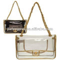 Fashion transparent PVC shoulder bag with golden PU binding and metal handle
